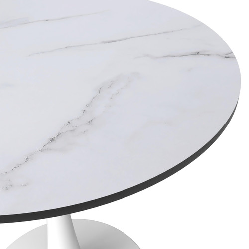 27" Wide Round Dining Table, Modern MDF Wood Top & White Metal Pedestal Base Gloss Finish Accent Table Mid-Century Café Table, Kitchen Dining Room Furniture, Marbled White