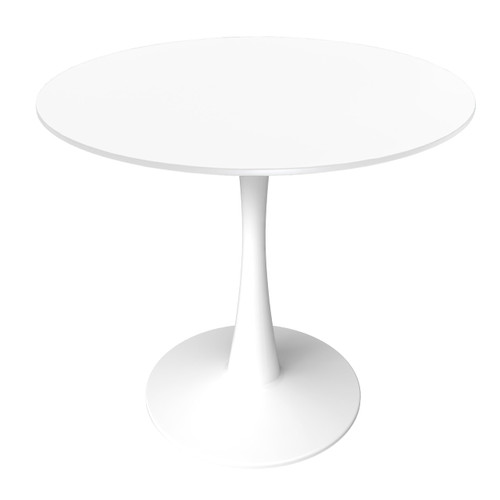 27" Wide Round Dining Table, Modern MDF Wood Top & White Metal Pedestal Base Gloss Finish Accent Table Mid-Century Café Table, Kitchen Dining Room Furniture, White