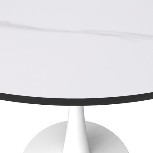 31" Wide Round Dining Table, Modern Sintered Stone Top & White Metal Pedestal Base Gloss Finish Accent Table Mid-Century Café Table, Kitchen Dining Room Furniture, White