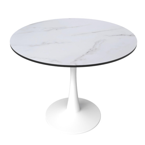 35" Wide Round Dining Table, Modern MDF Wood Top & White Metal Pedestal Base Gloss Finish Accent Table Mid-Century Café Table, Kitchen Dining Room Furniture, Marbled White