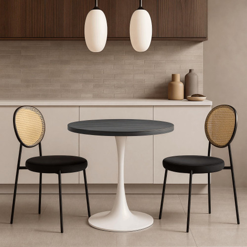 36" Wide Round Dining Table, Modern MDF Wood Top & White Metal Pedestal Base Gloss Finish Accent Table Mid-Century Café Table, Kitchen Dining Room Furniture, Black