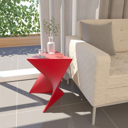 15.75" Triangular Side Table, Stackable Plastic Accent End Table for Indoor & Outdoor Use, Weather-Resistant Modern Patio & Living Room Table, Red