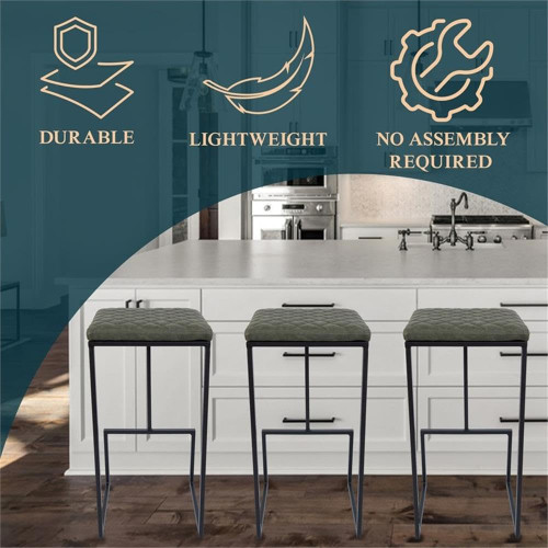 Olive Green Leather Bar Stool - Modern Counter Height Stool with Metal Frame & Comfortable Back Support