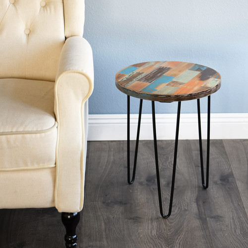 Reclaimed Wood Side Table, Round Hairpin Leg End Table, 16" L x 16" W x 20.5" H, Night Stand, Recycled Boat Wood for Living Room, Bedroom, Home Office, Patio