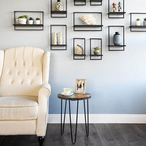 Reclaimed Wood Side Table, Round Hairpin Leg End Table, 16" L x 16" W x 20.5" H, Night Stand, Recycled Boat Wood for Living Room, Bedroom, Home Office, Patio