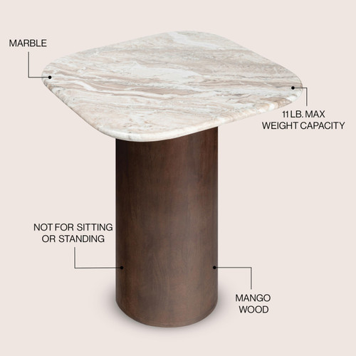 Kaito 18" Rustic Minimalist Square Marble/Wood Accent Table, Side Table, End Table for Living Room, Bedroom, White Marble/Walnut Wood