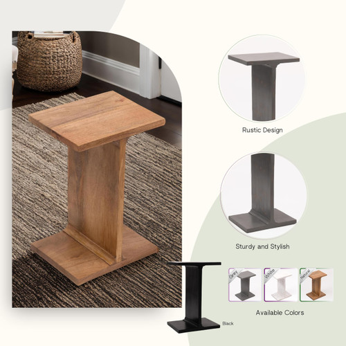 Solid Mango Wood 20" Height I-Shaped,C-Shaped End Table for Couch,Square Accent Table,Drink Desk Modern Home, Bedroom & Living Room Furniture,2-Tier Narrow Sturdy Sofa Table. White