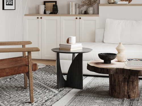 Round Side Table,Modern Aesthetic End Table with Oak Veneer,Wood Accent Table for Living Room, Bedroom (A, Black)
