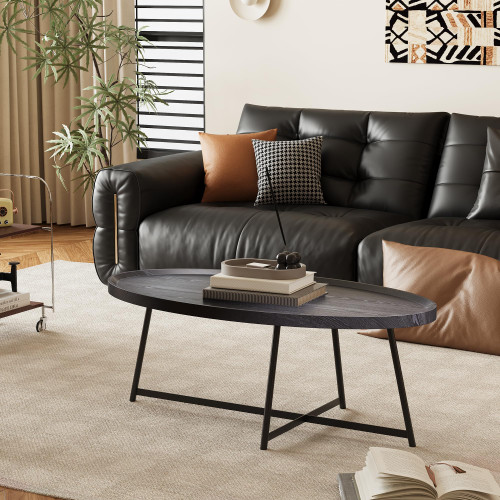 Modern Coffee Table, Oval Wood Coffee Tables Center Table with Metal Leg for Living Room, 47 Inch Living Room Table Accent Furniture (Oval Coffee Table, Black)