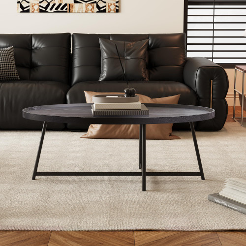 Modern Coffee Table, Oval Wood Coffee Tables Center Table with Metal Leg for Living Room, 47 Inch Living Room Table Accent Furniture (Oval Coffee Table, Black)