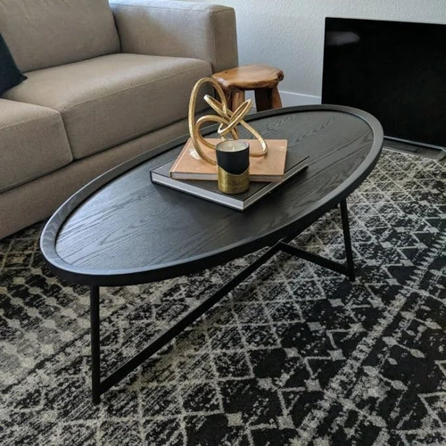 Modern Coffee Table, Oval Wood Coffee Tables Center Table with Metal Leg for Living Room, 47 Inch Living Room Table Accent Furniture (Oval Coffee Table, Black)