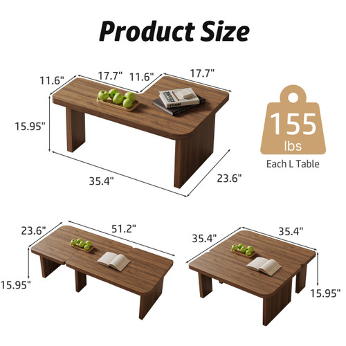 Modern Coffee Table for Living Room, Wood Coffee Table with Free Adjustable Shape, Square Living Room Table Minimalist Tea Table, Brown Nesting Table Set of 2