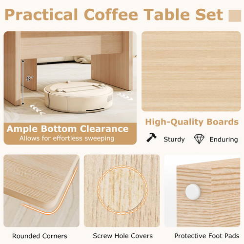 L-Shaped Coffee Table Set of 2, Modular Nesting Center Table with Grain Finish, Mid Century Modern Living Room Tables for Small Spaces Apartment (Oak)