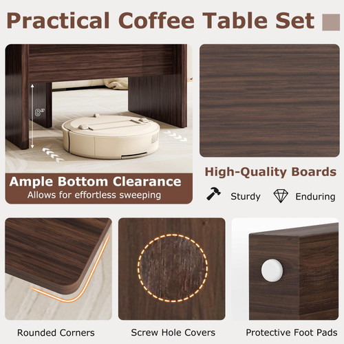L-Shaped Coffee Table Set of 2, Modular Nesting Center Table with Grain Finish, Mid Century Modern Living Room Tables for Small Spaces Apartment, Walnut