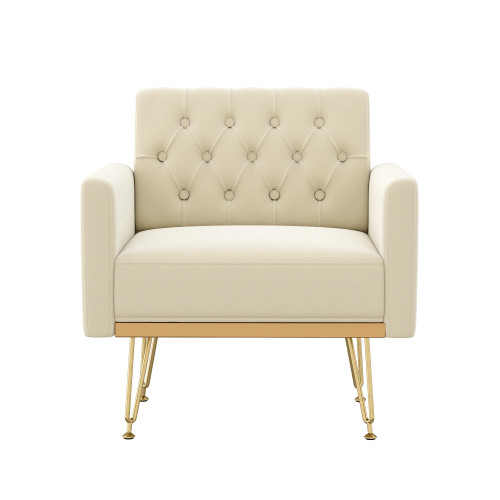 Accent Chair for Living Room, Comfy Oversized Velvet Upholstered Arm Chairs, Mid Century Modern Reading Single Sofa Side Chair with Tufted Back and Gold Legs for Bedroom (1, Beige)