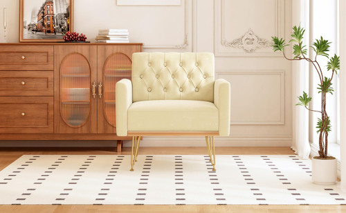 Accent Chair for Living Room, Comfy Oversized Velvet Upholstered Arm Chairs, Mid Century Modern Reading Single Sofa Side Chair with Tufted Back and Gold Legs for Bedroom (1, Beige)