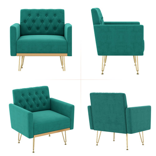 Accent Chair for Living Room, Comfy Oversized Velvet Upholstered Arm Chairs, Mid Century Modern Reading Single Sofa Side Chair with Tufted Back and Gold Legs for Bedroom (1, Green)