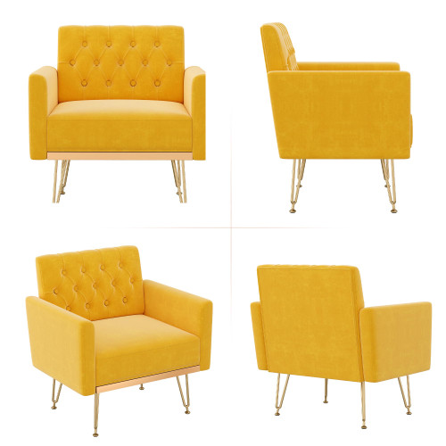 Accent Chair for Living Room, Comfy Oversized Velvet Upholstered Arm Chairs, Mid Century Modern Reading Single Sofa Side Chair with Tufted Back and Gold Legs for Bedroom (1, Mustard)