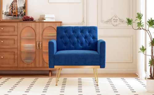Accent Chair for Living Room, Comfy Oversized Velvet Upholstered Arm Chairs, Mid Century Modern Reading Single Sofa Side Chair with Tufted Back and Gold Legs for Bedroom (1, Navy)