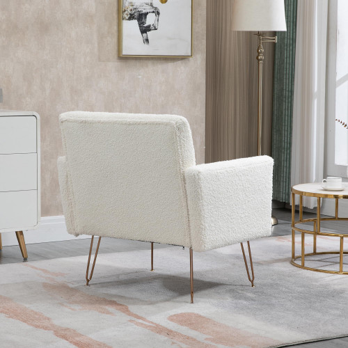 Accent Chair for Living Room, Comfy Oversized Velvet Upholstered Arm Chairs, Mid Century Modern Reading Single Sofa Side Chair with Tufted Back and Gold Legs for Bedroom (1, Teddy White)