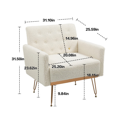 Accent Chair for Living Room, Comfy Oversized Velvet Upholstered Arm Chairs, Mid Century Modern Reading Single Sofa Side Chair with Tufted Back and Gold Legs for Bedroom (1, Teddy White)