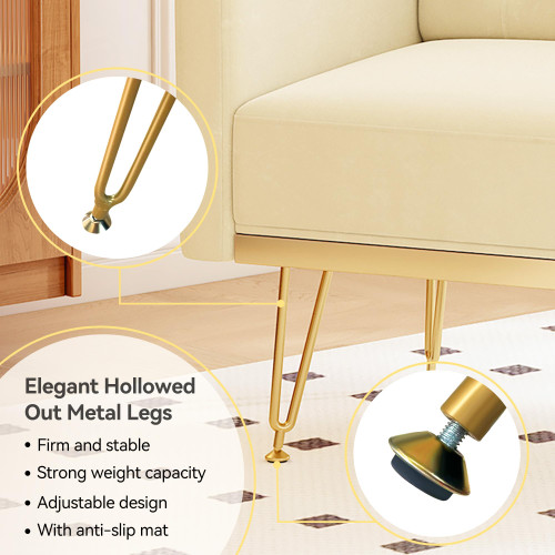 Accent Chair for Living Room, Comfy Oversized Velvet Upholstered Arm Chairs, Mid Century Modern Reading Single Sofa Side Chair with Tufted Back and Gold Legs for Bedroom (2, Beige)