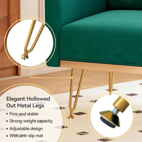 Accent Chair for Living Room, Comfy Oversized Velvet Upholstered Arm Chairs, Mid Century Modern Reading Single Sofa Side Chair with Tufted Back and Gold Legs for Bedroom (2, Green)