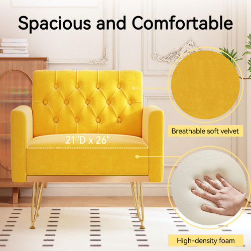 Accent Chair for Living Room, Comfy Oversized Velvet Upholstered Arm Chairs, Mid Century Modern Reading Single Sofa Side Chair with Tufted Back and Gold Legs for Bedroom (2, Mustard)
