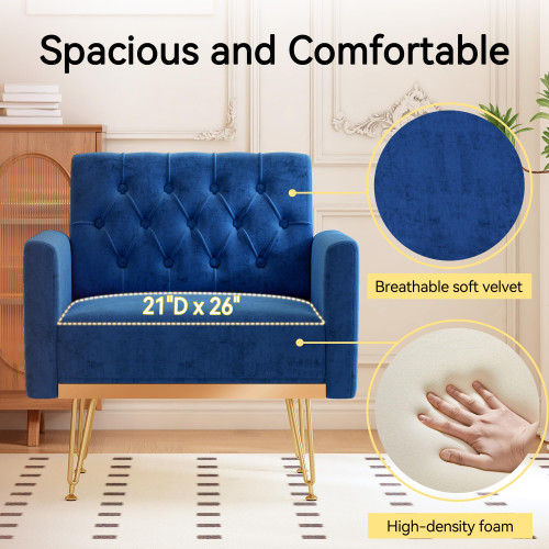 Accent Chair for Living Room, Comfy Oversized Velvet Upholstered Arm Chairs, Mid Century Modern Reading Single Sofa Side Chair with Tufted Back and Gold Legs for Bedroom (2, Navy)