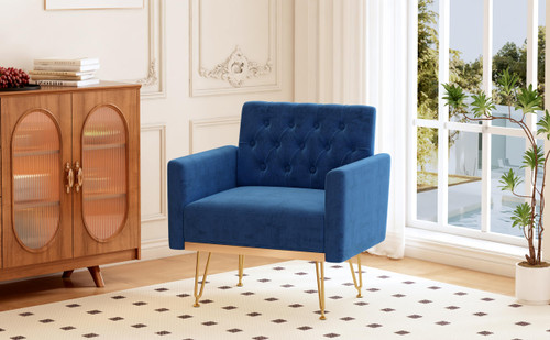 Accent Chair for Living Room, Comfy Oversized Velvet Upholstered Arm Chairs, Mid Century Modern Reading Single Sofa Side Chair with Tufted Back and Gold Legs for Bedroom (2, Navy)