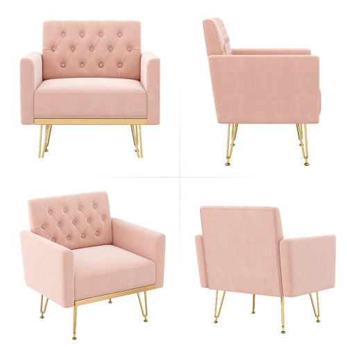 Accent Chair for Living Room, Comfy Oversized Velvet Upholstered Arm Chairs, Mid Century Modern Reading Single Sofa Side Chair with Tufted Back and Gold Legs for Bedroom (2, Pink)