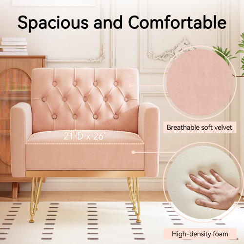 Accent Chair for Living Room, Comfy Oversized Velvet Upholstered Arm Chairs, Mid Century Modern Reading Single Sofa Side Chair with Tufted Back and Gold Legs for Bedroom (2, Pink)