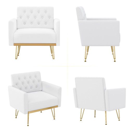 Accent Chair for Living Room, Comfy Oversized Velvet Upholstered Arm Chairs, Mid Century Modern Reading Single Sofa Side Chair with Tufted Back and Gold Legs for Bedroom (2, Pure White)