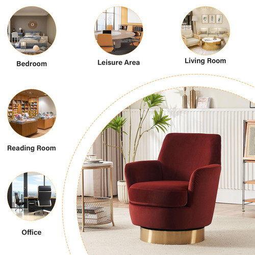 Swivel Barrel Chair,Modern Velvet Upholstered Round Swivel Accent Chairs with Tall Backrest,360 Degree Single Sofa Chair Armchair for Living Room, Brownish Red