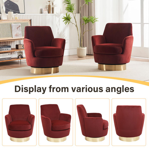 Swivel Barrel Chair,Modern Velvet Upholstered Round Swivel Accent Chairs with Tall Backrest,360 Degree Single Sofa Chair Armchair for Living Room, Brownish Red