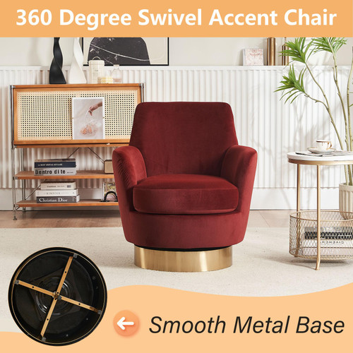 Swivel Barrel Chair,Modern Velvet Upholstered Round Swivel Accent Chairs with Tall Backrest,360 Degree Single Sofa Chair Armchair for Living Room, Brownish Red