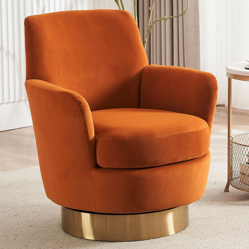 Swivel Barrel Chair, Modern Velvet Upholstered Round Swivel Accent Chairs with Tall Backrest,360 Degree Single Sofa Chair Armchair for Living Room, Orange