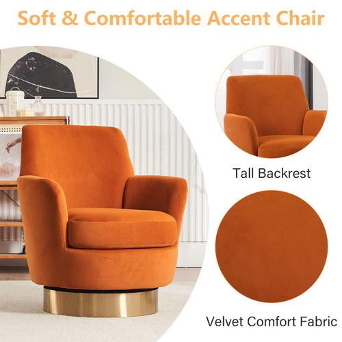 Swivel Barrel Chair, Modern Velvet Upholstered Round Swivel Accent Chairs with Tall Backrest,360 Degree Single Sofa Chair Armchair for Living Room, Orange