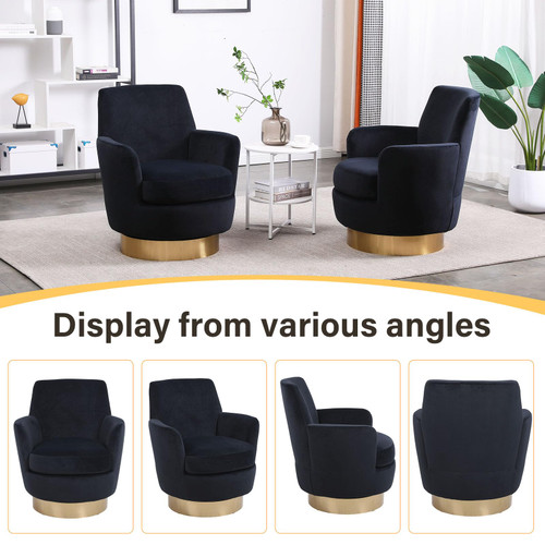 Swivel Barrel Chair Set of 2,Modern Velvet Upholstered Round Swivel Accent Chairs with Tall Backrest,360 Degree Single Sofa Chair Armchair for Living Room, Black