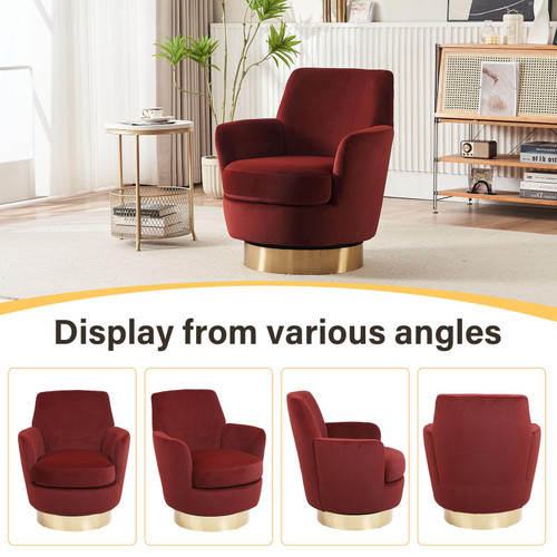 Swivel Barrel Chair 1PCS ,Modern Velvet Upholstered Round Swivel Accent Chairs with Tall Backrest,360 Degree Single Sofa Chair Armchair for Living Room, Brownish Red
