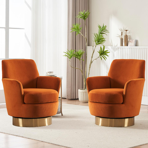 Swivel Barrel Chair Set of 2,Modern Velvet Upholstered Round Swivel Accent Chairs with Tall Backrest,360 Degree Single Sofa Chair Armchair for Living Room, Orange