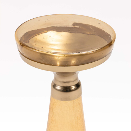 Modern Decorative Round Drink Table with Glass Base and Top with Gold Metal Accent, Martini, Gold Pedestal Table, Tall Side Table, Small Space end Table, for Living Room & Bedroom, Amber, Assembled