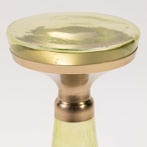 Modern Decorative Round Drink Table with Glass Base and Top with Gold Metal Accent, Martini, Gold Pedestal Table, Tall Side Table, Small Space end Table, for Living Room & Bedroom, Green,Assembled