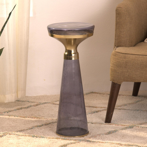 Modern Decorative Round Drink Table with Glass Base and Top with Gold Metal Accent, Martini, Gold Pedestal Table, Tall Side Table, Small Space end Table, for Living Room & Bedroom, Purple,Assembled