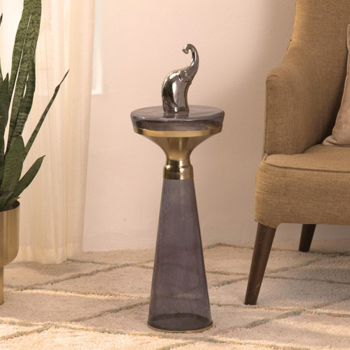 Modern Decorative Round Drink Table with Glass Base and Top with Gold Metal Accent, Martini, Gold Pedestal Table, Tall Side Table, Small Space end Table, for Living Room & Bedroom, Purple,Assembled