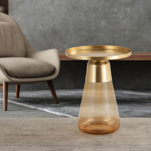 Modern Cylindrical Side Table with Glass Base and Sturdy Gold Metal Top, Tempered Glass, for Living Room & Bedroom, Amber,Assembled