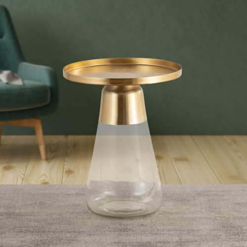 Modern Cylindrical Side Table with Glass Base and Sturdy Gold Metal Top, Round End Table with Tempered Glass, Accent Table, Drink Table, for Living Room & Bedroom, Clear Glass