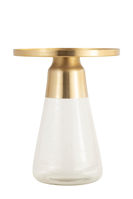 Modern Cylindrical Side Table with Glass Base and Sturdy Gold Metal Top, Round End Table with Tempered Glass, Accent Table, Drink Table, for Living Room & Bedroom, Clear Glass