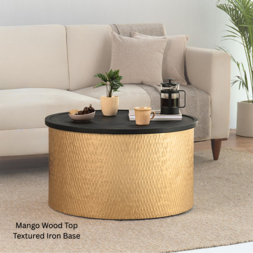 Modern Accent Cylindrical Round Coffee Table with Black Top and Hammered Gold Metal Base, Boho Contemporary Drum Cocktail Table, Glam Accent Center Table for Living Room and Family Room, Assembled