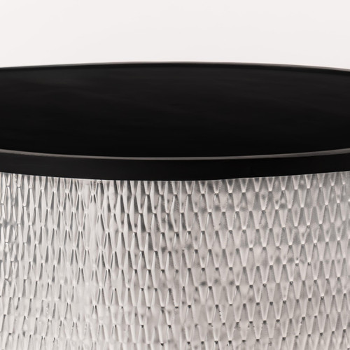 Modern Accent Cylindrical Round Coffee Table with Black Top and Hammered Silver Metal Base, Boho Contemporary Drum Cocktail Table, Glam Accent Center Table for Living Room and Family Room, Assembled